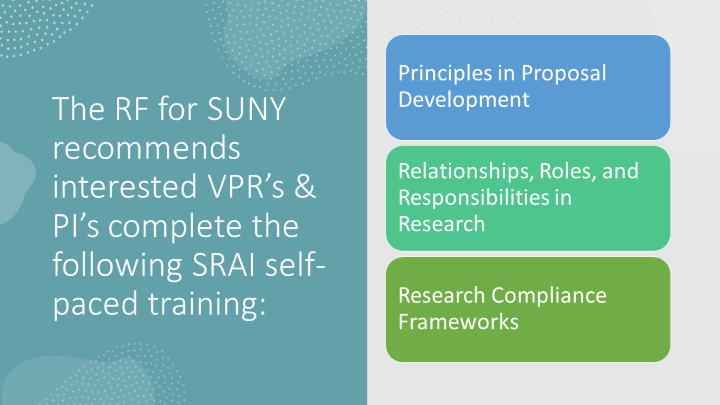 We have 11 courses available in the SRAI Level up program. Depending on where you work in the lifecycle we recommend different courses. Contact us at learning@rfsuny.org and we can recommend courses to you based on your role.