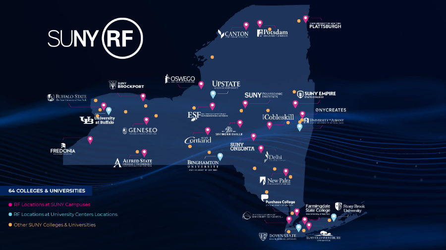 NYS map with list of SUNY campuses