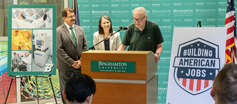 From left, Watson College of Engineering and Applied Science Dean Atul Kelkar, Binghamton University President Anne D’Alleva, and U.S. Sen. Chuck Schumer at a ribbon-cutting ceremony for a new state-of-the-art cleanroom and microelectronic packaging research facility at the University's Innovative Technologies Complex Thursday, July 2, 2026