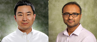 Two professional portrait photos displayed side by side. The person on the left is wearing a white collared shirt against a gray-green background, and the person on the right is wearing glasses and a light-colored collared shirt against a green-toned background