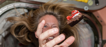 Expedition 36 Flight Engineer Karen Nyberg of NASA floats a piece of food in front her in the Node 1 module during meal time