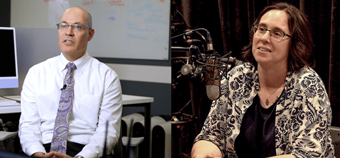 Side by side photos of a man in shirt and tie speaking and a woman speaking into a microphone