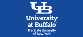 University at Buffalo stacked white logo on blue background
