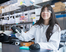 Denisse Martinez, a rising junior majoring in biology on the pre-med track, in a lab researching cellular senescence, a stress response that stops the division of damaged cells, sometimes without triggering cell death