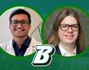 From left: Binghampton University’s PharmD Summer Research Fellow student Kahaan Shah and assistant professor Phil Hughes on a green background