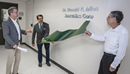 From left, Associate Vice President for University Development John Quigley, Watson College Dean Atul Kelkar and Distinguished Professor Ronald Miles unveil the new signage for the Ronald N. Miles Acoustics Core at Binghamton University's Engineering and Science Building