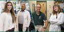 Composite image featuring four students or researchers in laboratory and academic settings. From left to right, the individuals are shown standing or seated in research environments, including laboratory benches and equipment. The image highlights participants in the Beckman Scholars Program and showcases undergraduate research activity in science and health-related fields