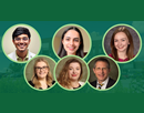 Top Left to right: Students Dev Patel, Vaishvi Gandhi, and Roisin Daly Bottom left to right:  Clinical Associate Professor of Pharmacy Practice Emily Leppien, Clinical Assistant Professor of Pharmacy Practice Alex Rola, and Chair and Clinical Professor of Pharmacy Practice Kenneth “Mac” McCall