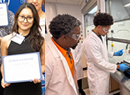 Student Stephanie Martinez holding a certificate of completion at a recognition ceremony (left) and student and a faculty member conduct an experiment at a laboratory fume hood using scientific equipment and materials