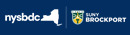 NYS Small Business Development center logo on left with SUNY Brockport logo on right on dark blue background