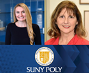From left professional headshots of associate professors Katie Matt and Lisa Berardino above a SUNY Polytechnic Institute graphic with the SUNY Poly logo and seal