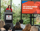 Stony Brook University President Andrea Goldsmith addresses the SBU Genesis Mission RFA Response gathering May 15 at the Charles B. Wang Center
