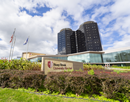 Exterior view of Stony Brook University hospital including sign