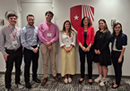 From left: SBU alumnus Declan Graham, Representative Joseph Morelle; Michael Scheid, Senator Kirsten Gillibrand; Josh Orenstein, legislative aide, Representative Andrew Garbarino; Noelle Staples, Representative Nick LaLota; Stony Brook University President Andrea Goldsmith; Sarah McCarthy, legislative aide, Representative Laura Gillen; and Interim VP for Research and Innovation Mónica Bugallo