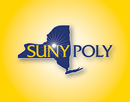 SUNY Polytechnic Institute logo featuring a blue silhouette of New York State with a white radiating starburst near the center with the text “SUNY POLY” appearing across the state outline in blue and gold lettering set against a yellow gradient background