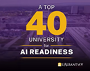 Graphic displaying the text “A Top 40 University in AI Readiness” in large yellow and white lettering over a purple-toned aerial campus background, with a University at Albany logo in the lower right corner