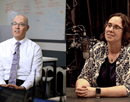 Side by side photos of a man in shirt and tie speaking and a woman speaking into a microphone