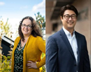 Composite portrait On the left, assistant professor Elizabeth Bowen wearing glasses and a mustard-yellow cardigan stands near landscaped greenery and a modern building. On the right, associate professor Jangmin Kim wearing glasses and a dark suit jacket with a light shirt stands in front of a blurred campus setting