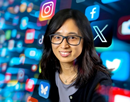 Portrait of assistant professor Yini Zhang wearing glasses and a dark cardigan over a light-colored shirt, positioned in front of a colorful digital background filled with social media app icons. Icons resembling Instagram, Facebook, X, YouTube, and other social platforms appear blurred and layered around the subject, creating a technology-focused and social media-themed composition