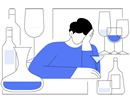 Alcohol misuse concept featuring a person surrounded by bottles and glasses