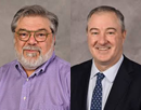 Side-by-side composite image featuring two professional headshots against a neutral studio background. The person on the left is wearing glasses and a light purple button-down shirt. The person on the right is wearing a dark suit jacket, white dress shirt, and patterned tie